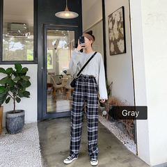 Real photo real price Korean Plaid wide leg pants loose show thin elastic waist casual straight pants floor pants women