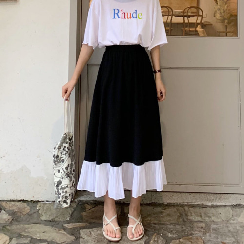 Actual real price~2023 Korean version loose high waist thin pleated skirt women's mid-length A-line skirt splicing skirt