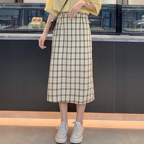 Price Control 33 Real Shot ~Checkered Half-length Half-body Skirt Half-elastic waist Slim-bag Hip Skirt