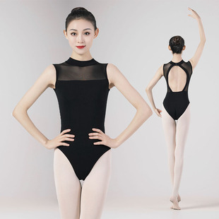芭蕾舞蹈服艺考练功服女成人高领拼网纱连体服大露背形体服体操服