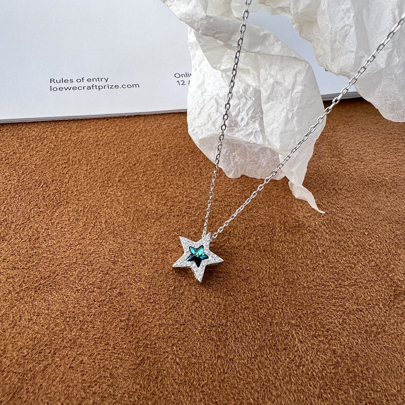 s925纯银韩版ins风镶钻蓝色星空五角星女款项链