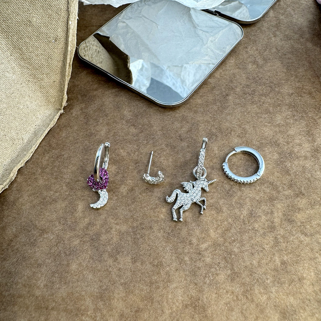 s925纯银韩版ins镶钻独角兽爱心月亮女款不对称耳扣