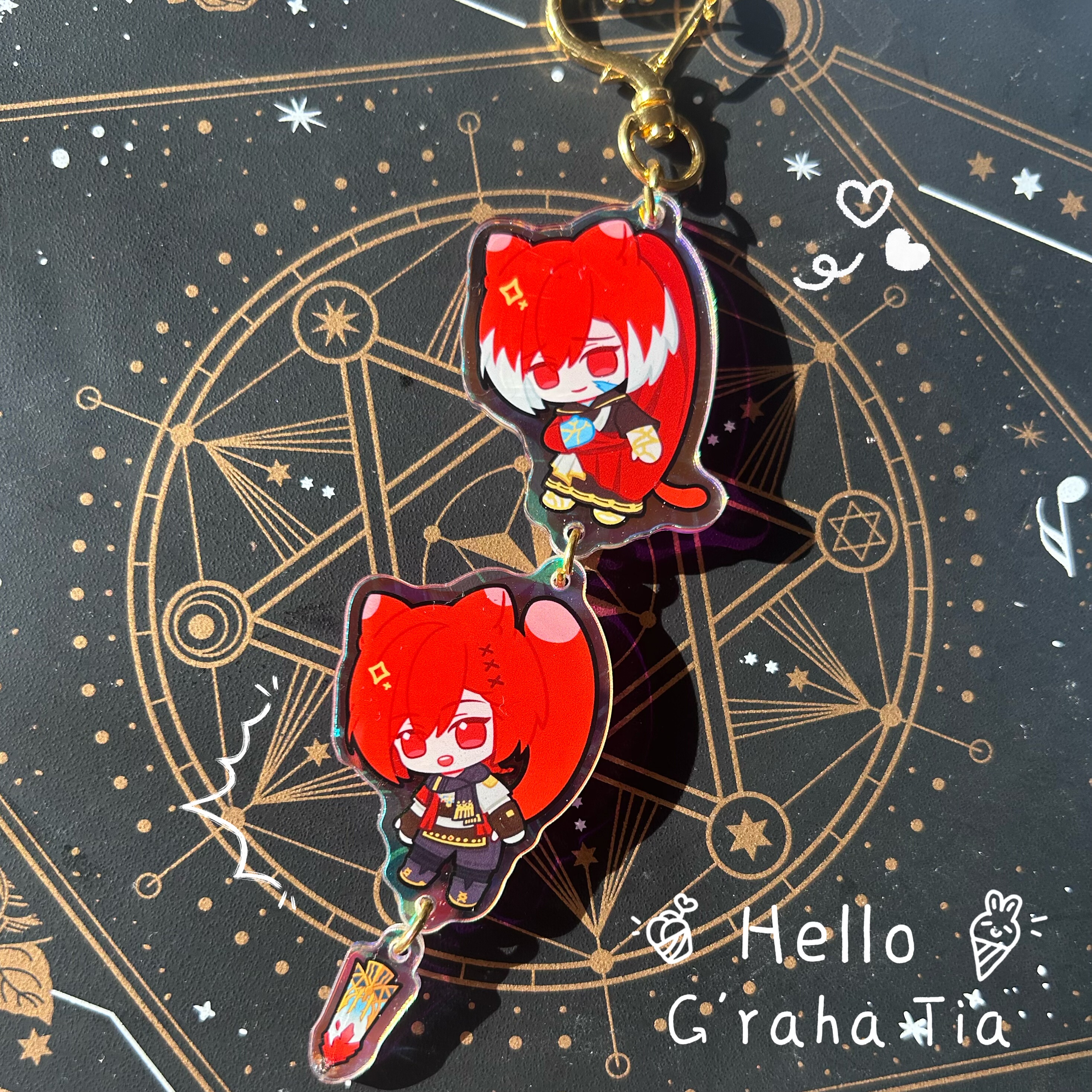 thumbnail for FF14 Little Red Cat Gulahatia Crystal Male Cat Cat Skewer Pendant Rainbow Film Double Layer Keychain Perimeter