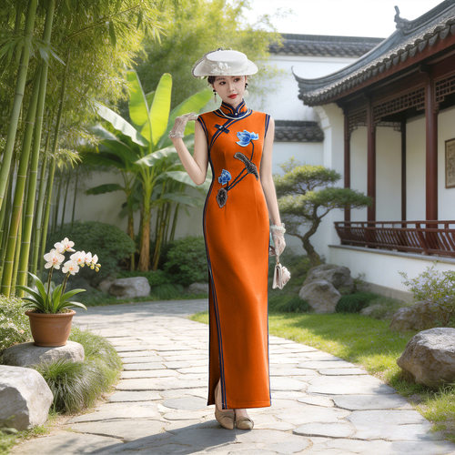 新中式旗袍复古盘扣开叉2026新年轻款演出服形体礼仪导师礼服长款