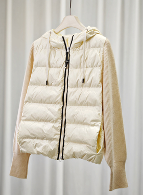 孤品特价！EverUnique秋冬重工意珠链针织羊绒拼接连帽羽绒服