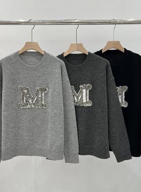 EverUnique秋冬新款女装重工钉钻纯羊毛圆领宽松毛衣QX-3519