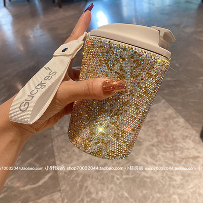 2024便携咖啡杯柠檬黄镶钻不锈钢保温杯女生水杯子保冷随行杯正品