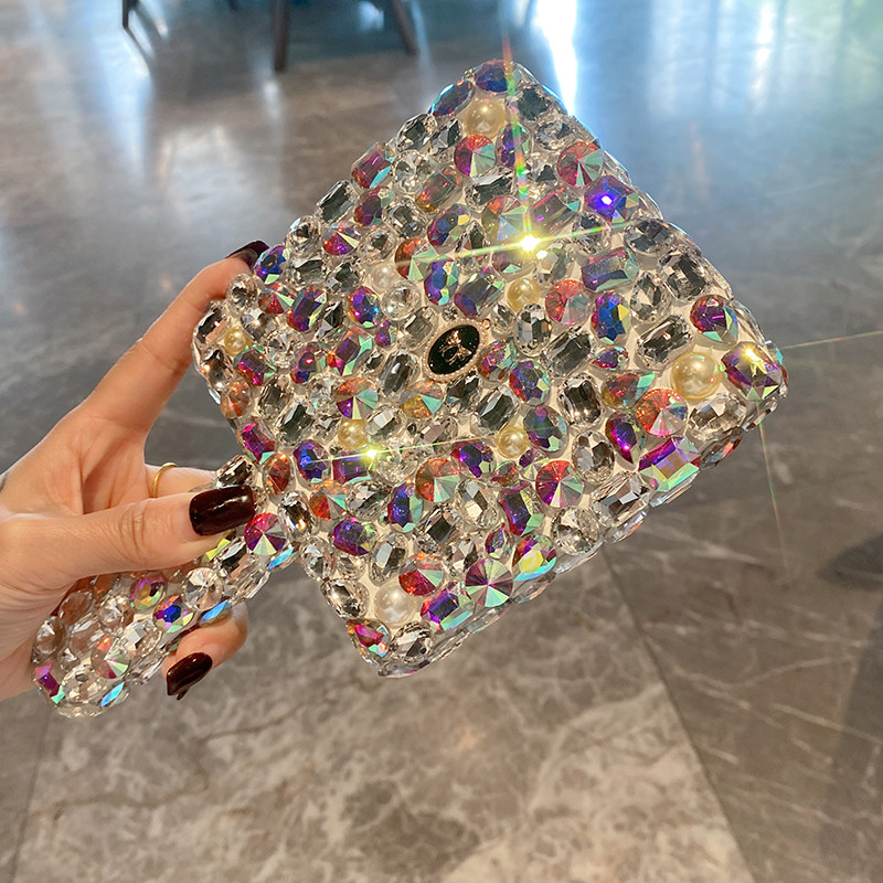 手持镜子网红ins风大手拿蝴蝶结手柄照美容方形镶钻满钻化妆镜潮