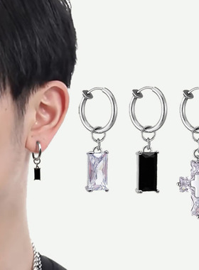 无耳洞方形锆石十字架耳夹耳坠男士港风中性设计感圆圈耳环耳饰女