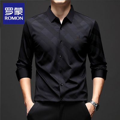 罗蒙条纹方领衬衫男长袖无痕免烫