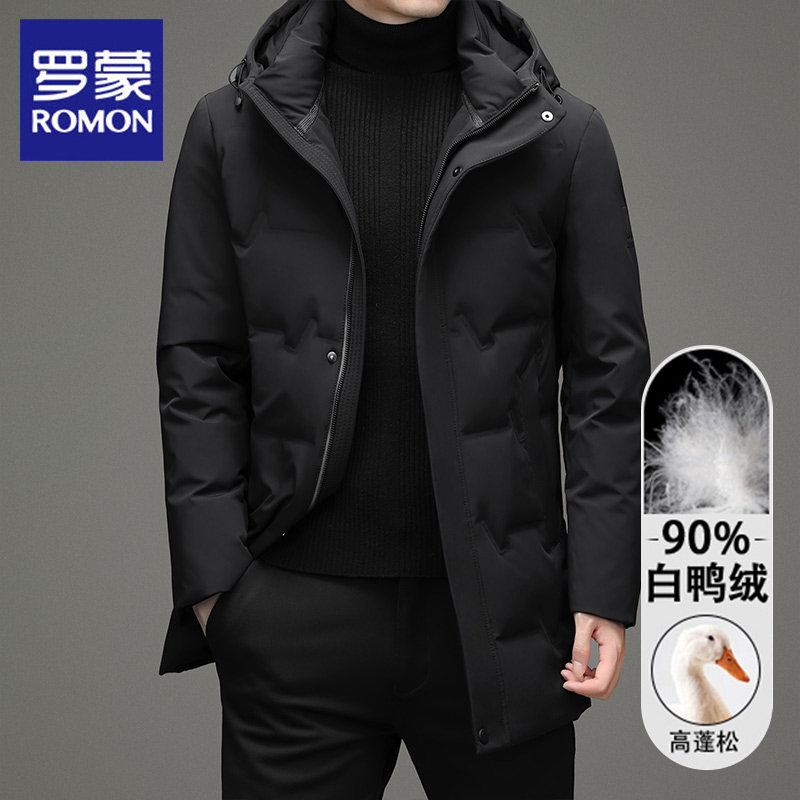 罗蒙连帽中长款羽绒服男2025秋冬季新款中年商务休闲90鸭绒外套男