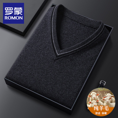 罗蒙秋冬纯羊毛鸡心领针织马甲男