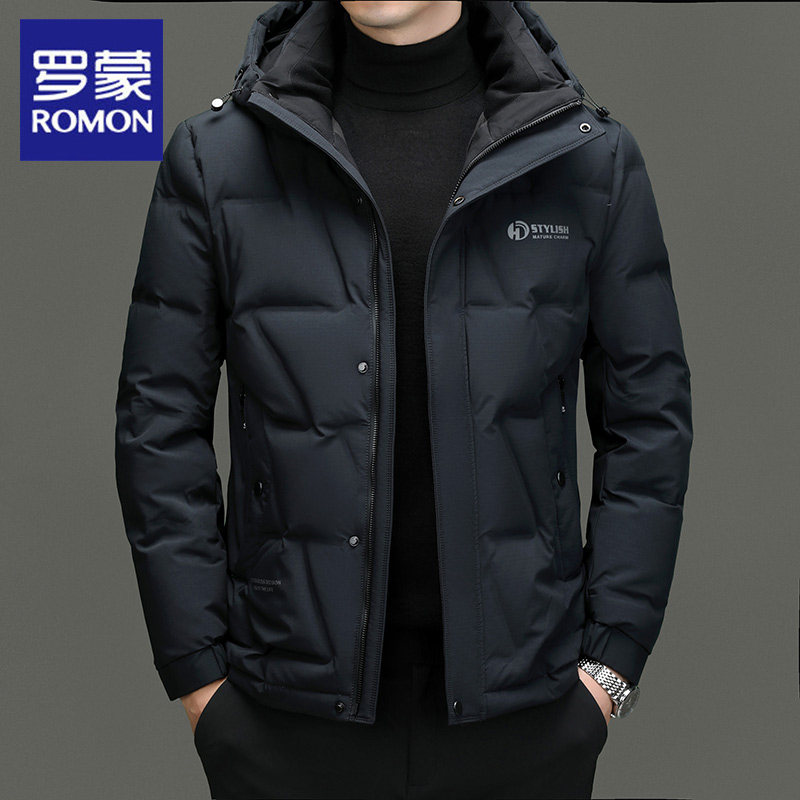 罗蒙鸭绒羽绒服男脱卸帽2025冬季新款商务休闲高级感保暖面包服男
