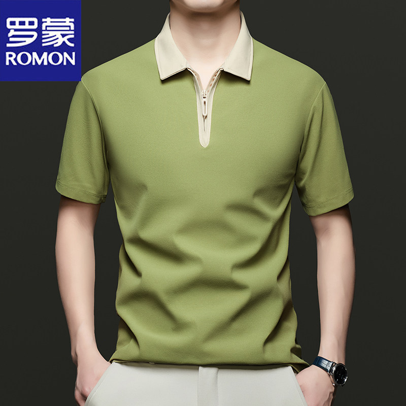 罗蒙2025夏季季新款短袖Polo衫男士翻领t恤商务休闲半拉链上衣