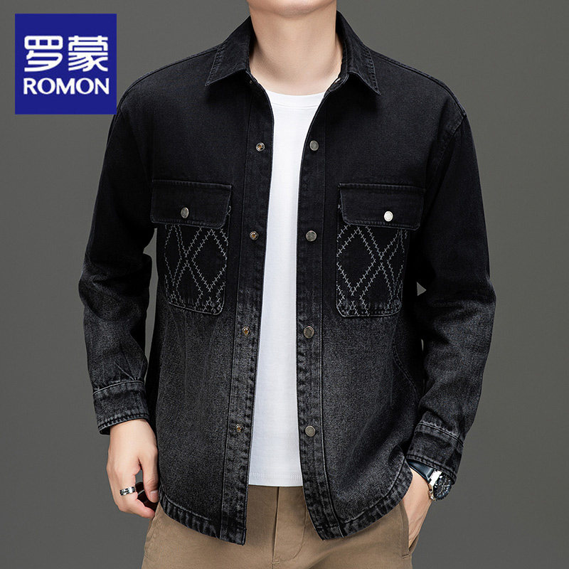 罗蒙牛仔夹克男士商务休闲2024春秋季新款轻奢痞帅时尚翻领外套男