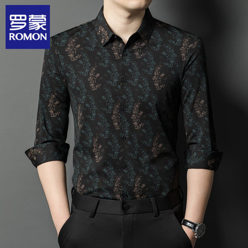 罗蒙春秋新款无痕印花衬衫男长袖
