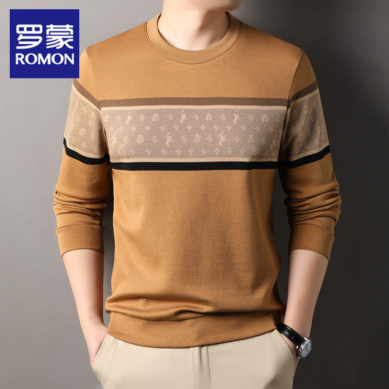 罗蒙棉弹印花圆领卫衣男长袖2025奶奶春季新款商务休闲高级感T恤