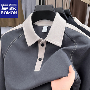 罗蒙男士春秋新款插件长袖POLO衫休闲百搭撞色拼接翻领长袖t恤男