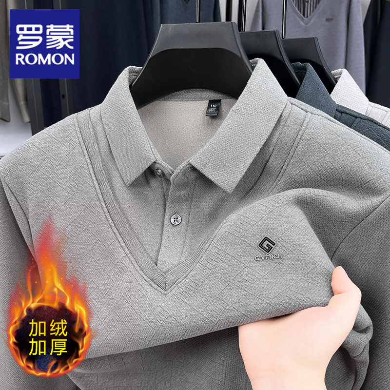 罗蒙加绒保暖格纹假两件男T恤2025秋冬季新款衬衫领休闲POLO衫男