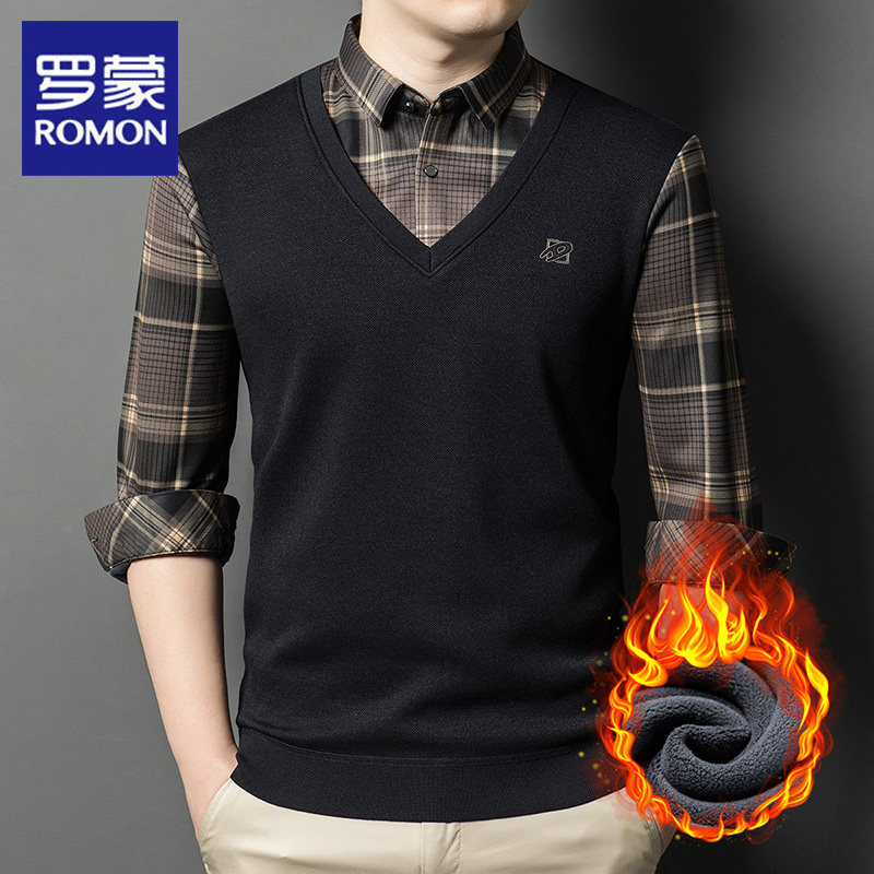 罗蒙衬衫领假两件男加绒加厚保暖T恤商务休闲中年爸爸格子POLO衫