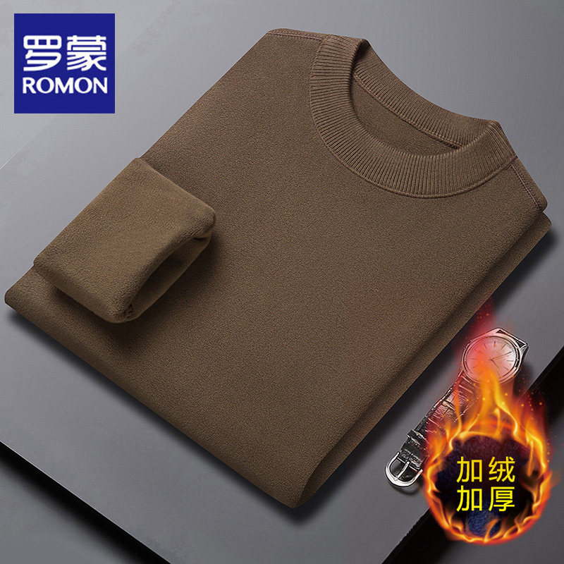 罗蒙双面奥粒绒卫衣男2025新款秋冬季圆领T恤中年爸爸加绒上衣男