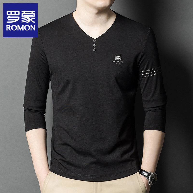 罗蒙V领男士长袖t恤2024春秋季新款休闲百搭打底衫秋装上衣体恤男