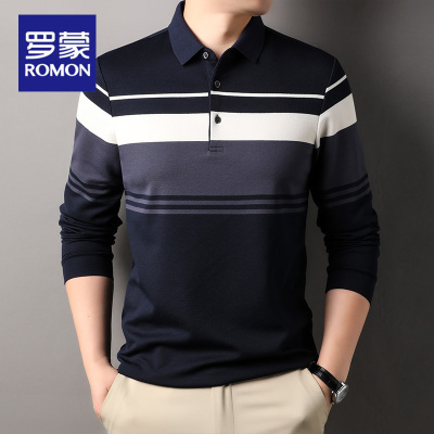 罗蒙春秋季新款条纹POLO衫男长袖