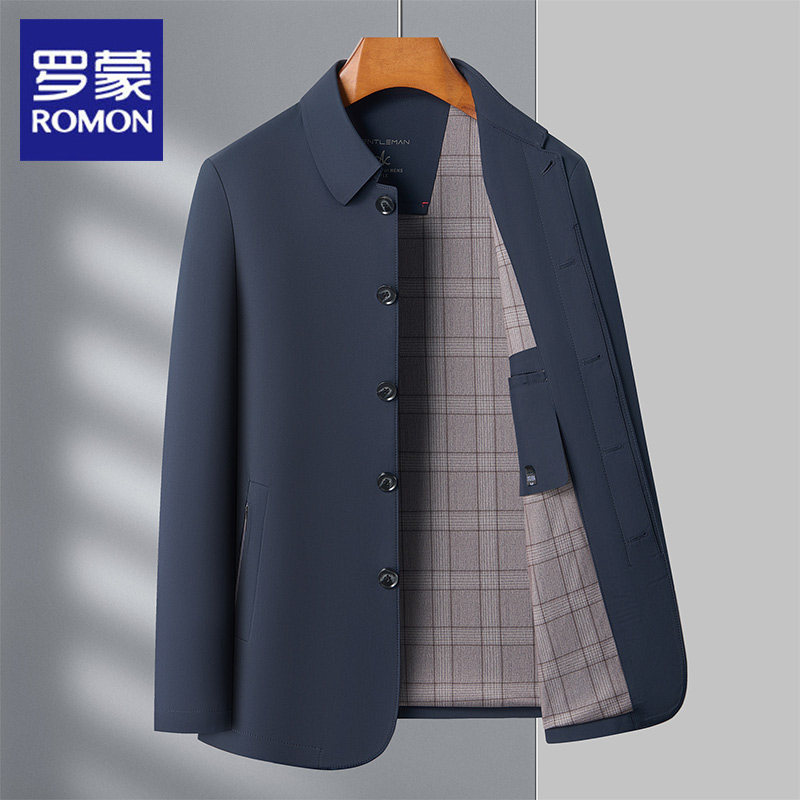 罗蒙翻领夹克男春秋季新款爸爸装纽扣外套公务员行政干部茄克新款