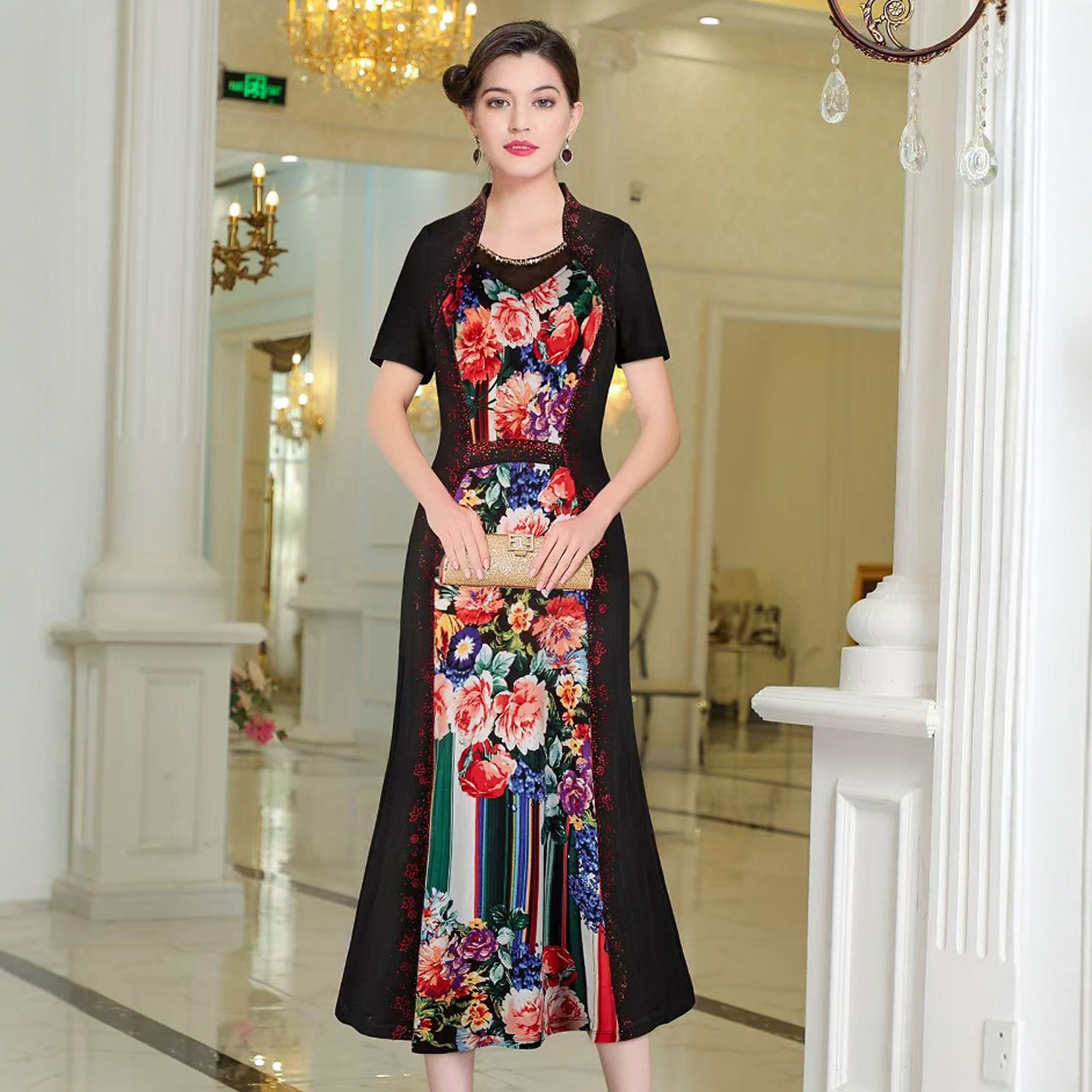 碧阳专柜夏季年轻妈妈喜婆婆宴会礼服鱼尾裙中年女装显瘦连衣裙