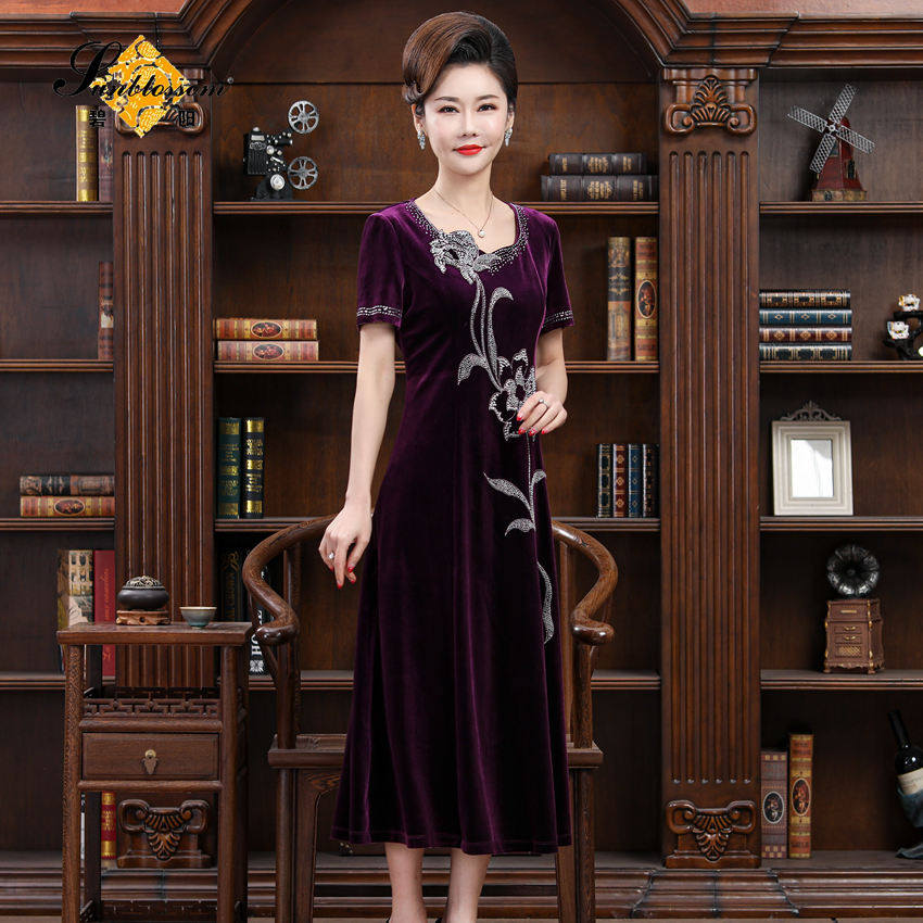 碧阳品牌2022春新品丝绒v领短袖连衣裙女修身弹力时尚妈妈装礼服