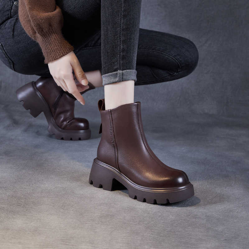 真皮粗跟厚底英伦马丁靴女2025秋冬新款头层牛皮休闲加绒靴子高跟