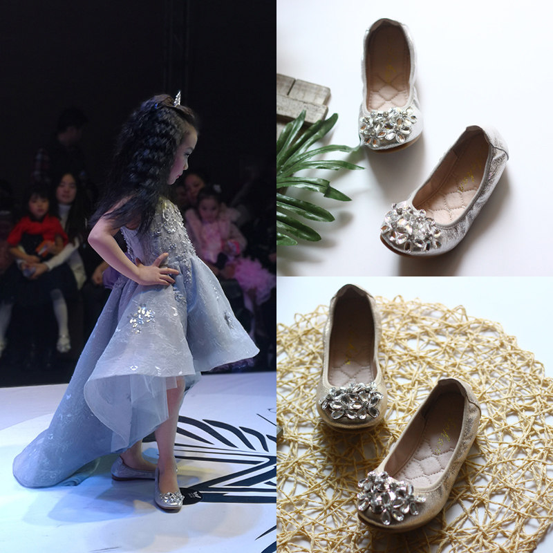 儿童舞蹈鞋新款春夏演出鞋女孩水晶公主鞋蛋卷鞋软底单鞋豆豆金色