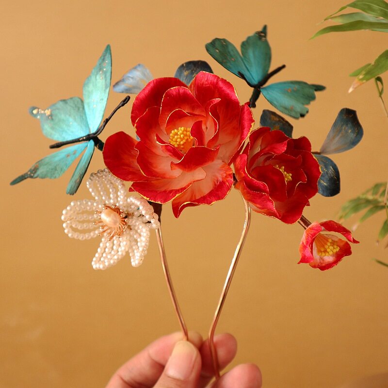 手工绒花发钗牡丹花发饰古装头饰新中式旗袍汉服红色新娘发钗小钗