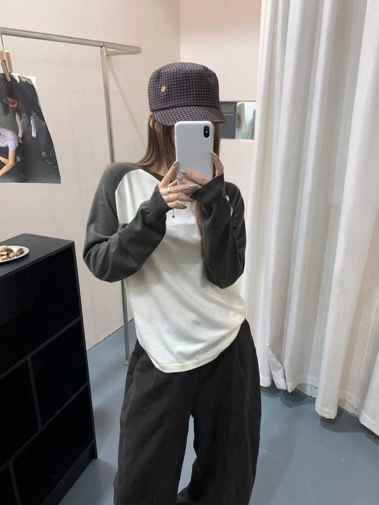 撞色插肩袖羊毛混纺针织衫女秋季薄款宽松百搭休闲上衣