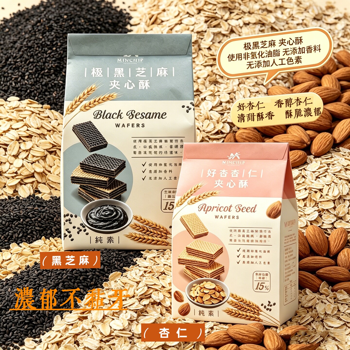 台湾进口Papi酱方芳同款明奇极黑芝麻杏仁夹心酥威化饼干休闲零食