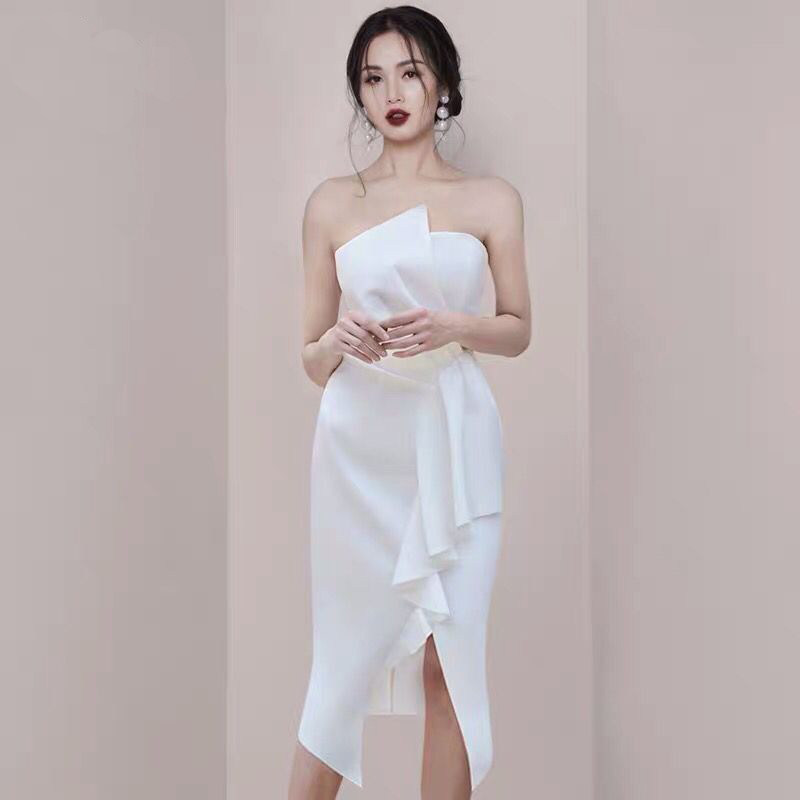 欧美白色礼服女轻奢小众高端级气质名媛晚宴年会装性感抹胸连衣裙