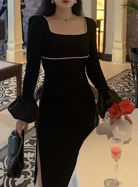 欧美复古方领礼服女轻奢小众高端级气质名媛晚宴会显瘦开叉连衣裙