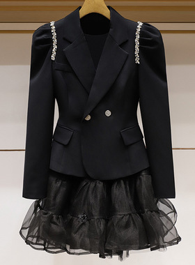 欧美秋冬复古休闲chic西装气质名媛小众设计高级感网纱半身裙外套