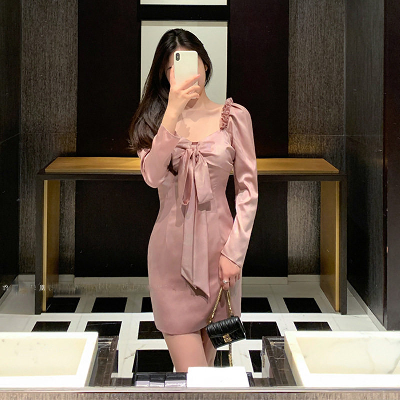 法式性感V领蝴蝶结绑带礼服女轻奢小众高端级气质收腰包臀连衣裙