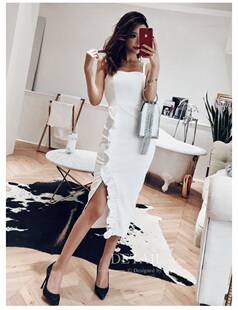 欧美性感吊带露背白色礼服轻奢小众高端级气质晚宴年会收腰连衣裙