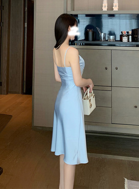 欧美性感吊带露肩背蓝色礼服女轻奢小众高端级气质名媛缎面连衣裙