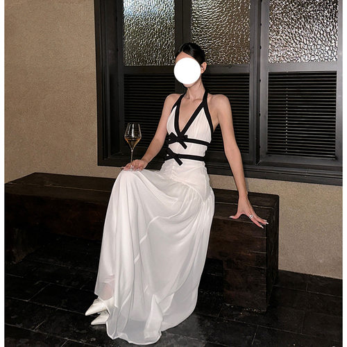 性感深V领挂脖绑吊带露肩背礼服晚宴生日party修身收腰名媛连衣裙
