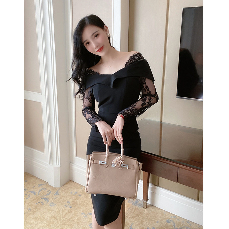 欧美性感一字领露肩背礼服轻奢小众高端级气质名媛蕾丝拼接连衣裙