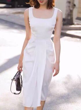 欧美方领高端级设计感修身收腰名媛气质无袖露肩开叉白色连衣裙夏