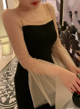 法式性感透视拼接黑色礼服轻奢小众高端级气质名媛收腰显瘦连衣裙
