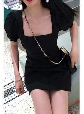 黑色礼服轻奢小众高端级感方领泡泡袖褶皱晚宴年会气质欧美连衣裙