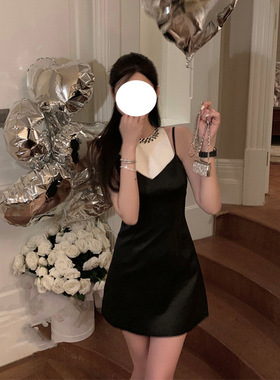 法式性感吊带露肩背黑色礼服女轻奢小众高端级气质收腰缎面连衣裙