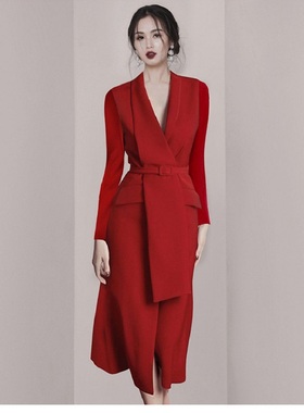 欧美性感V领红色礼服轻奢小众高端级气质名媛晚宴年会西装连衣裙