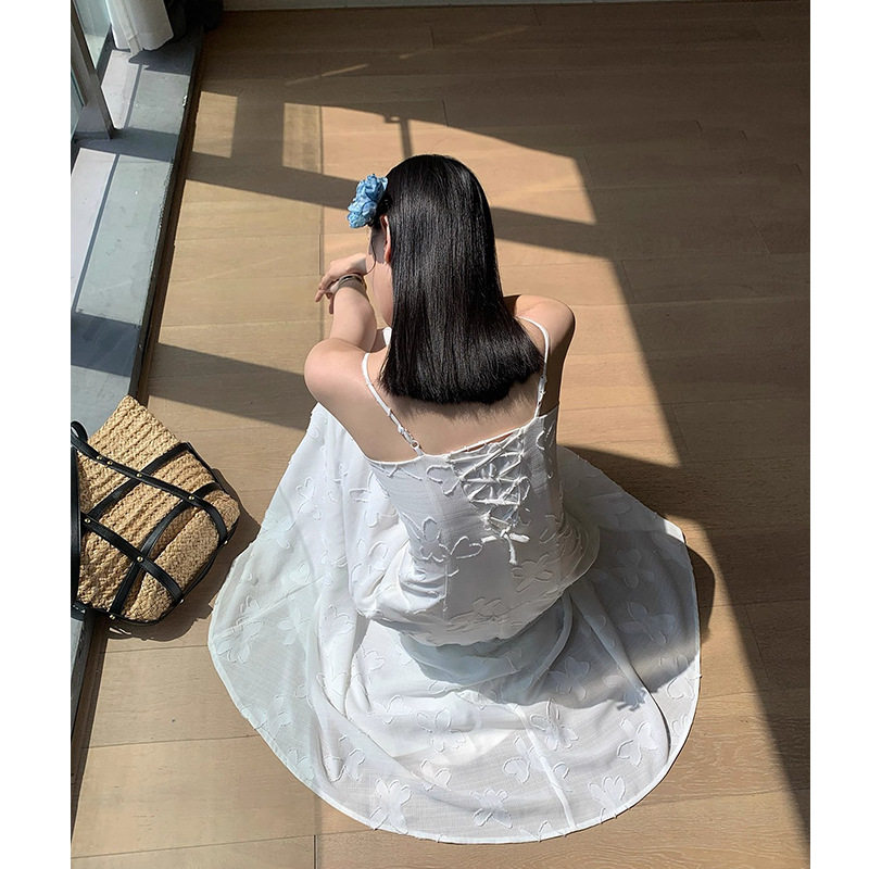 法式性感吊带露肩背蝴蝶结提花礼服轻奢小众高端级气质名媛连衣裙