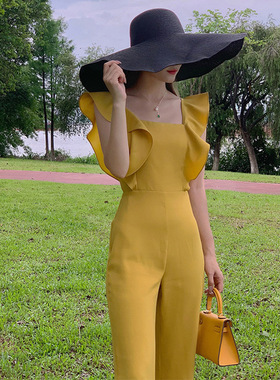 欧美复古方领荷叶边黄色露背轻奢小众高端级感气质名媛收腰连体裤